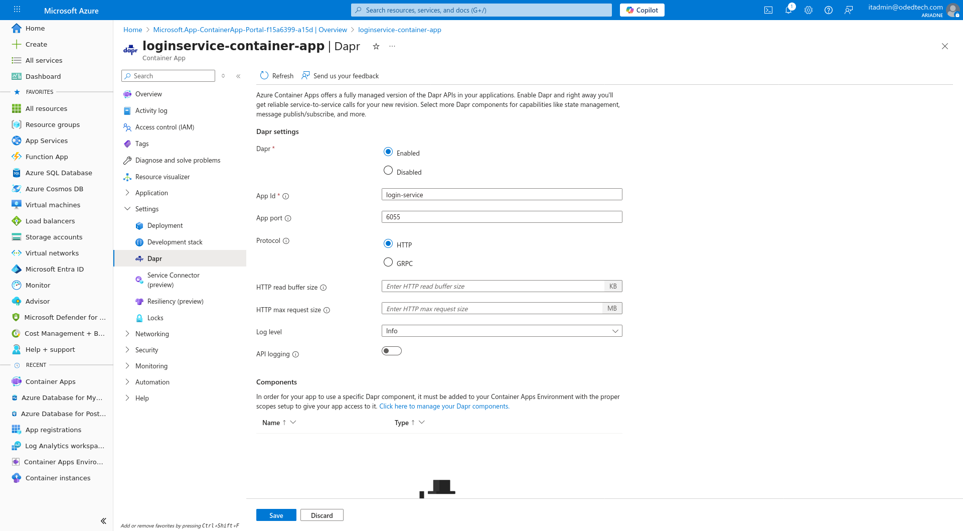 Dapr settings container-apps