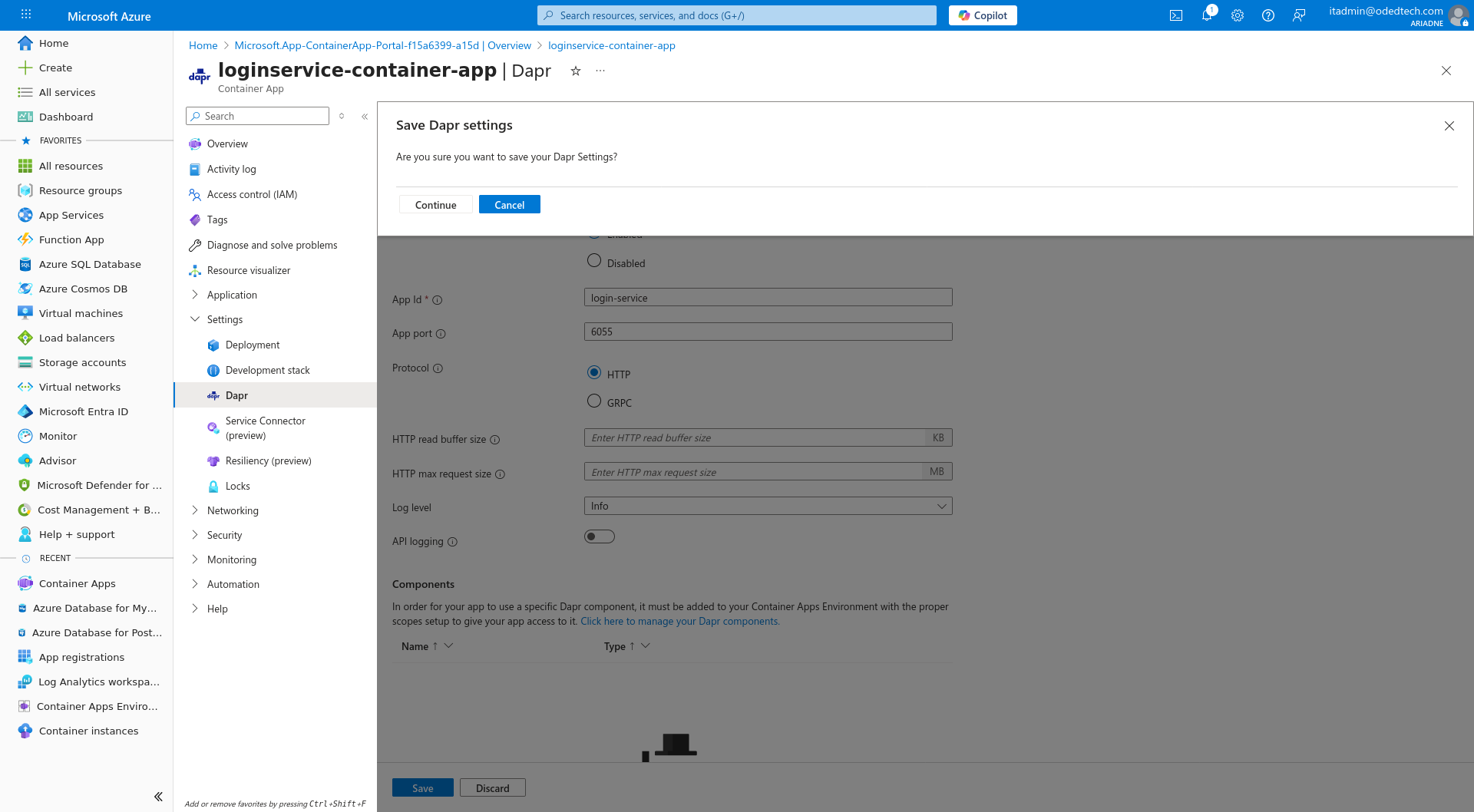 Save Dapr settings Container apps