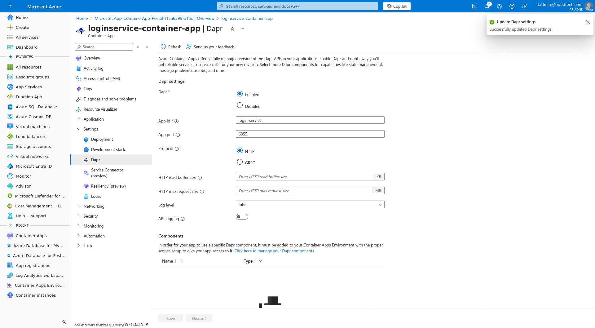 Update dapr settings container apps