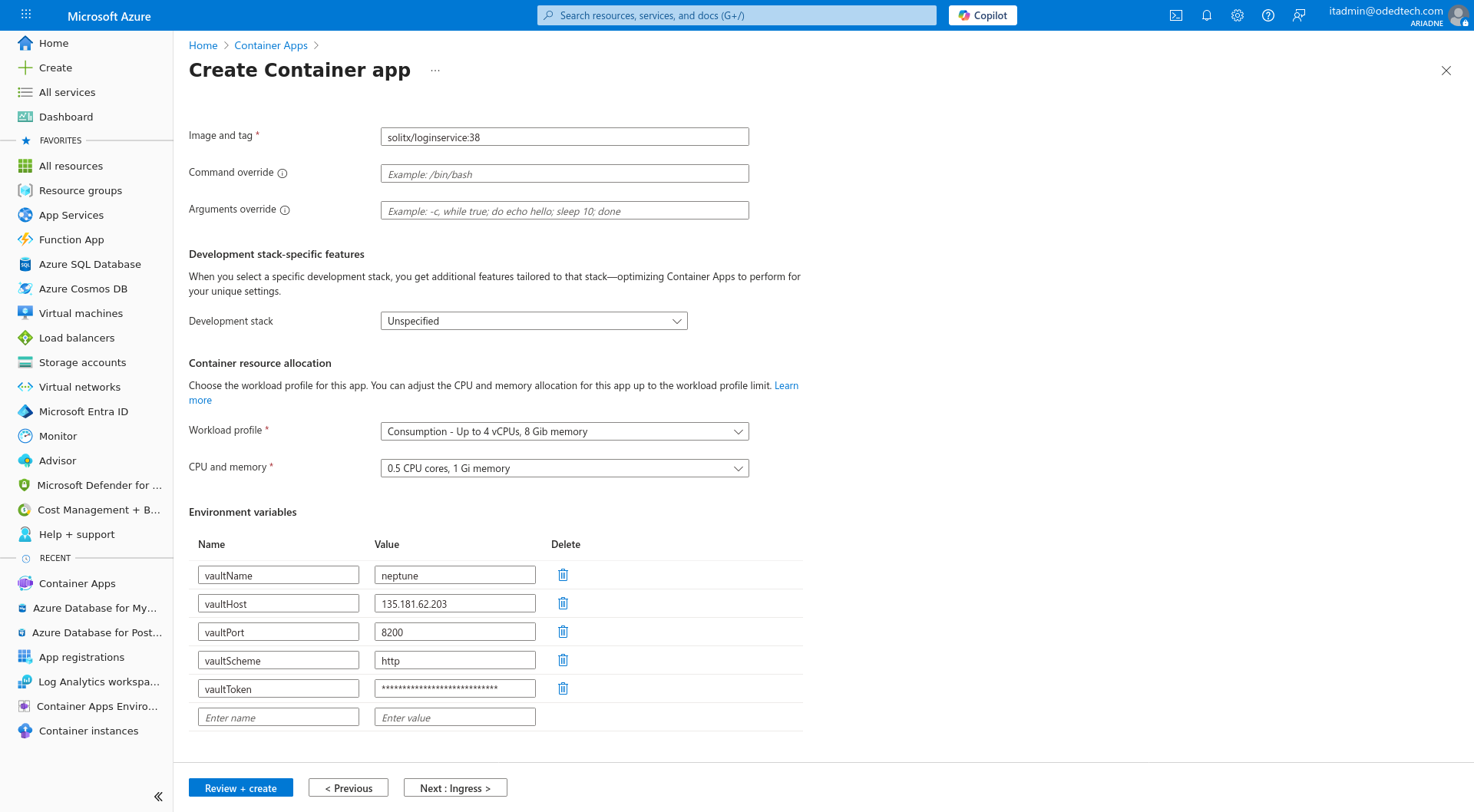 Container app environment variables