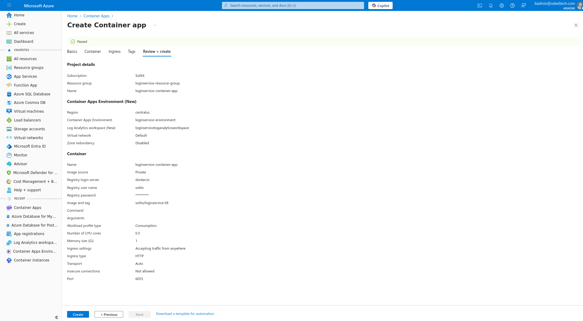 Review + create Container apps