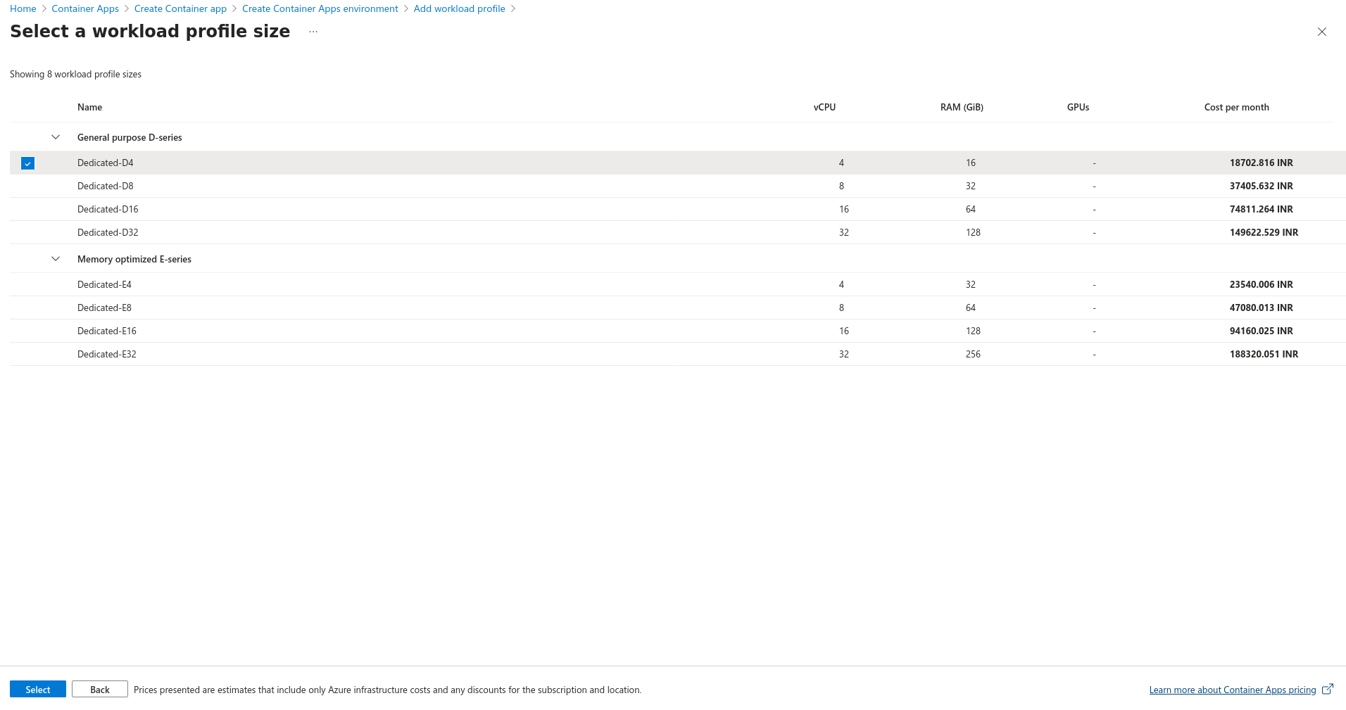 Select workload profile size